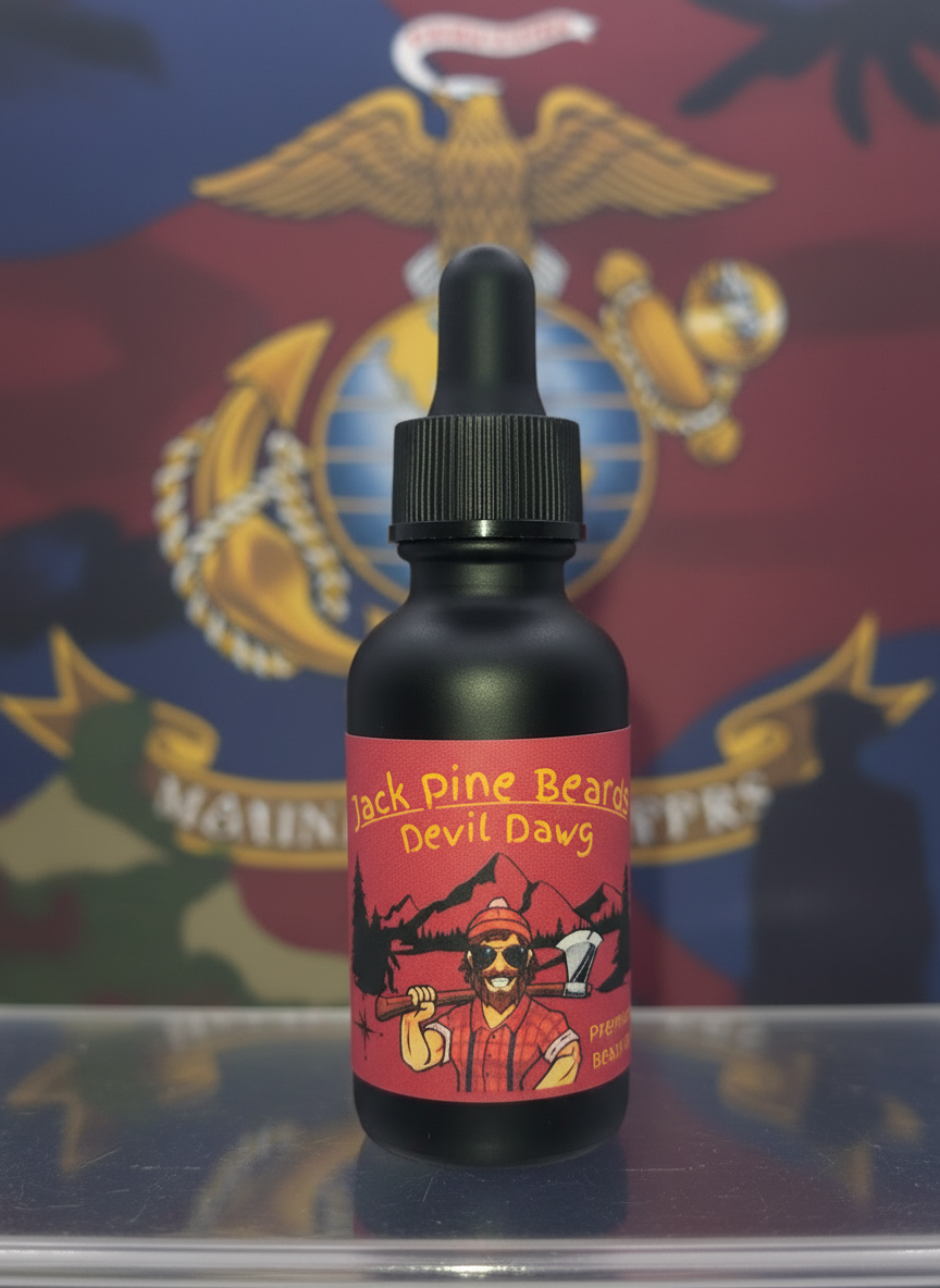 Bottle of Jack Pine Beard Devil Dang product with a colorful label against a military emblem background