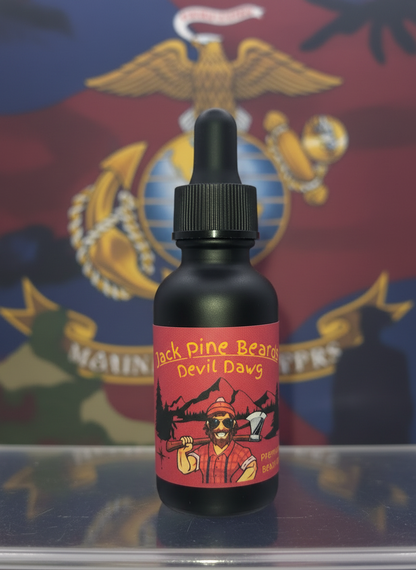Bottle of Jack Pine Beard Devil Dang product with a colorful label against a military emblem background