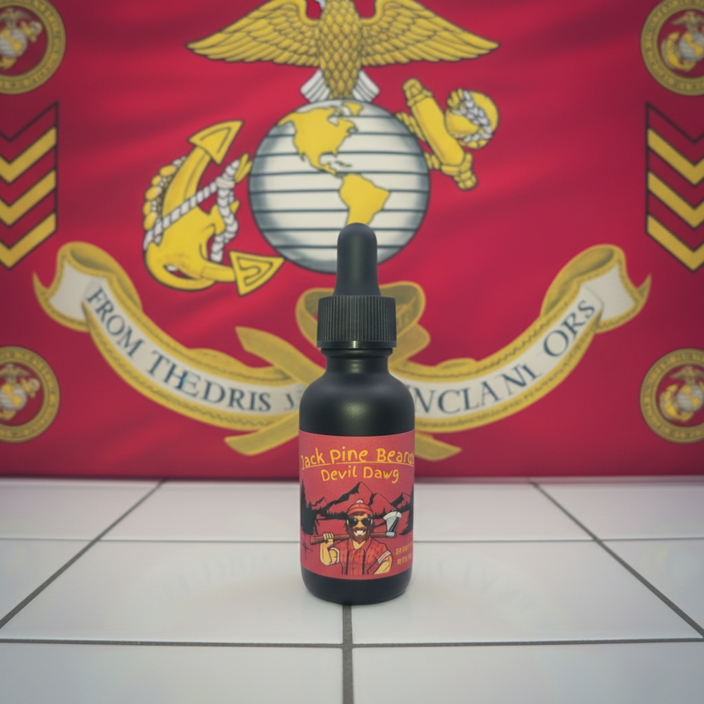 Bottle of 'Black Pine Bear' Devil Dung with a red and yellow emblem in the background