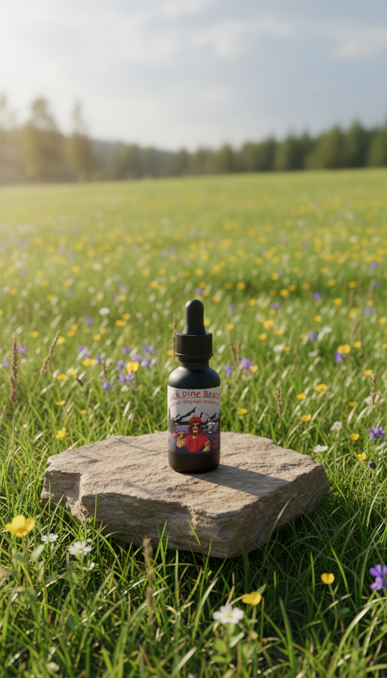 Bottle of tincture on a stone in a field with wildflowers