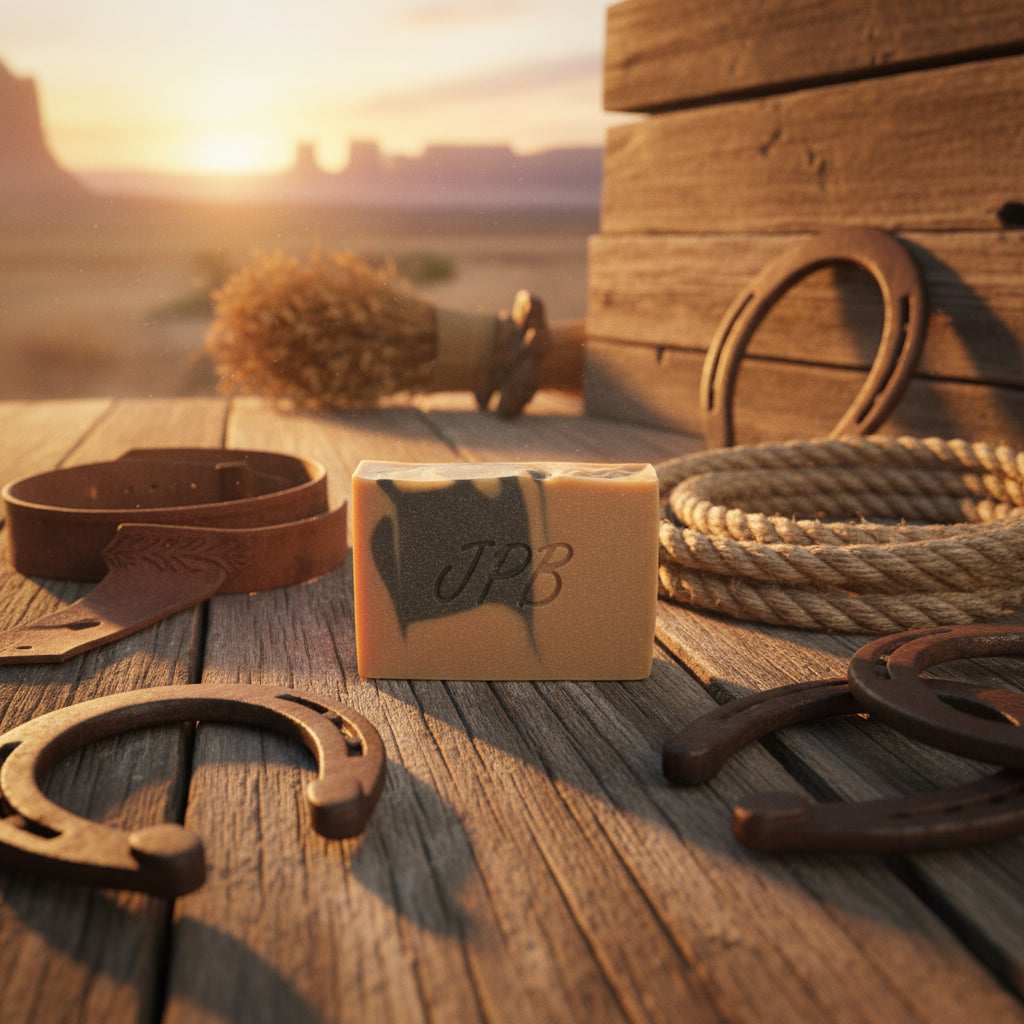 Bar of soap with branding on a dark surface