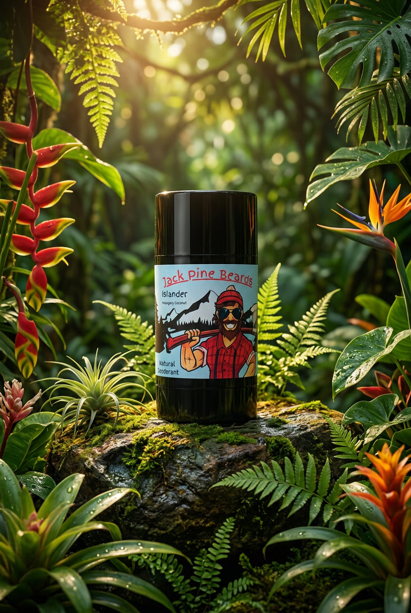 A black cylindrical stick container with a colorful label reading 'Black Pine Beards Islander' and showing an illustrated person in a red hat and plaid shirt, standing on a dark tabletop with a blurred tropical background