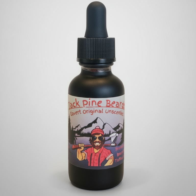 Black bottle with a colorful label on a gray background