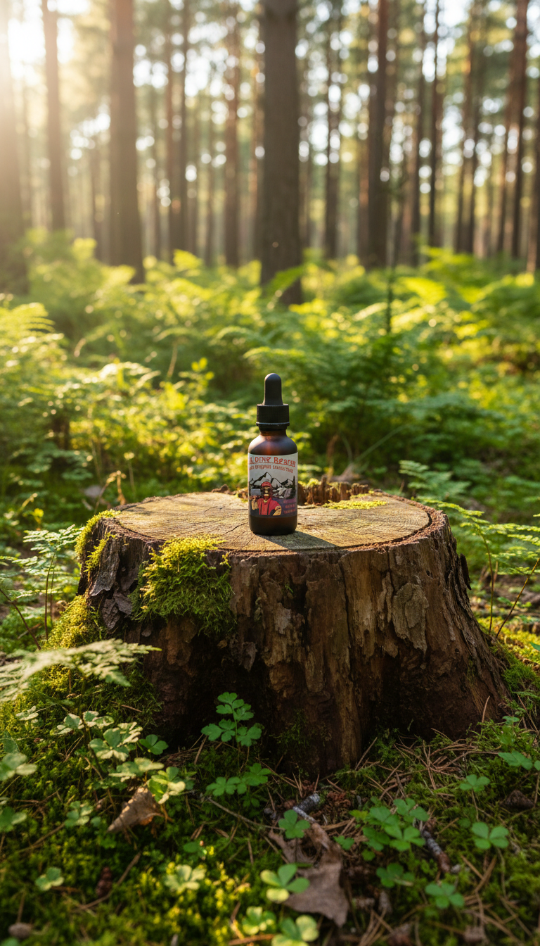 Bottle with dropper labeled 'Alpine Bear' on a white background